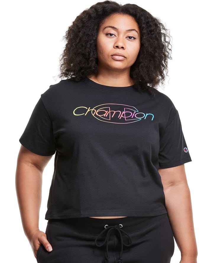 Champion Dame T-Shirts Sort - Plus Lightweight Cropped Rainbow Logo - Danmark QDG-765824